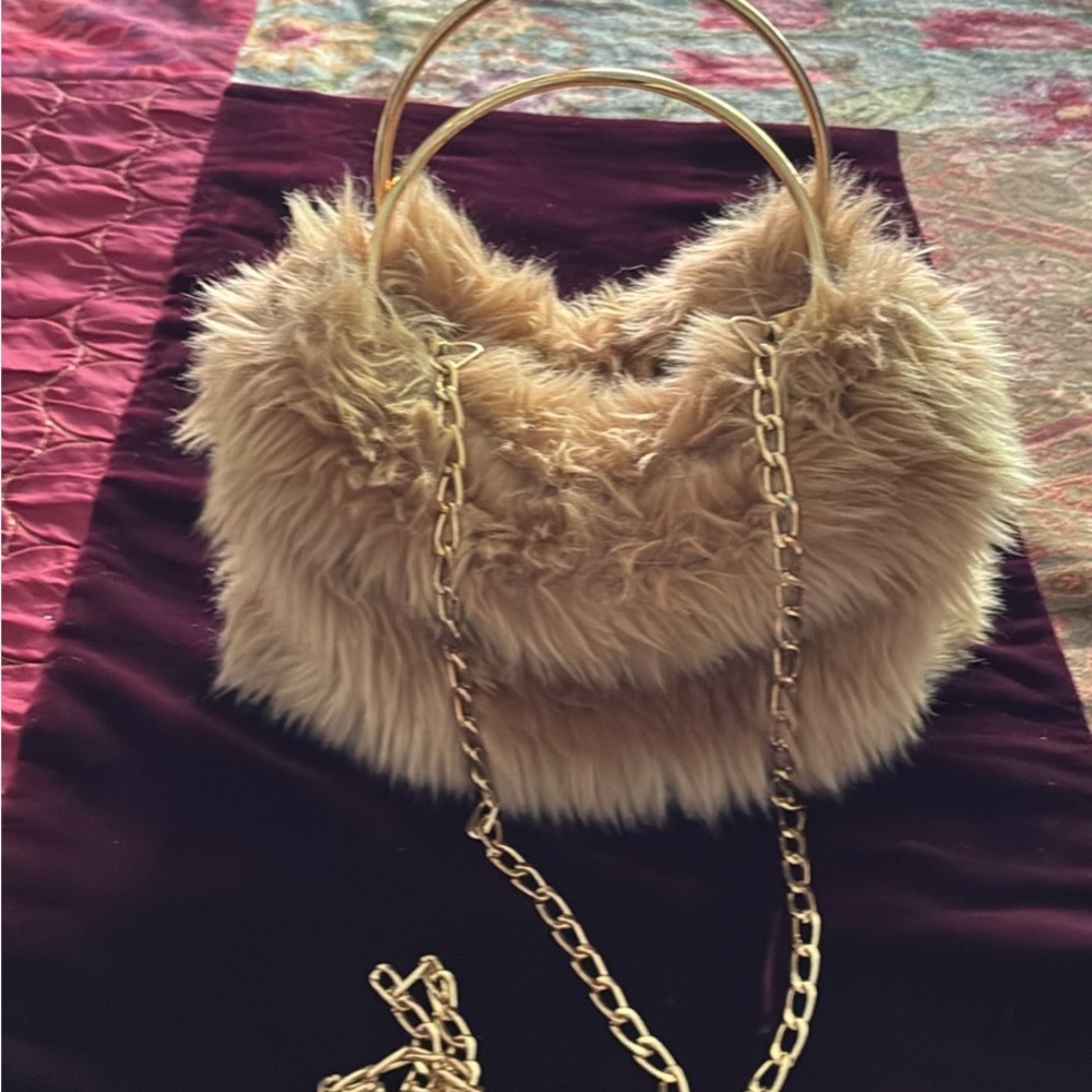 Chic Faux Fur Handbag with Gold Chain can be used as tote or Crossbody
